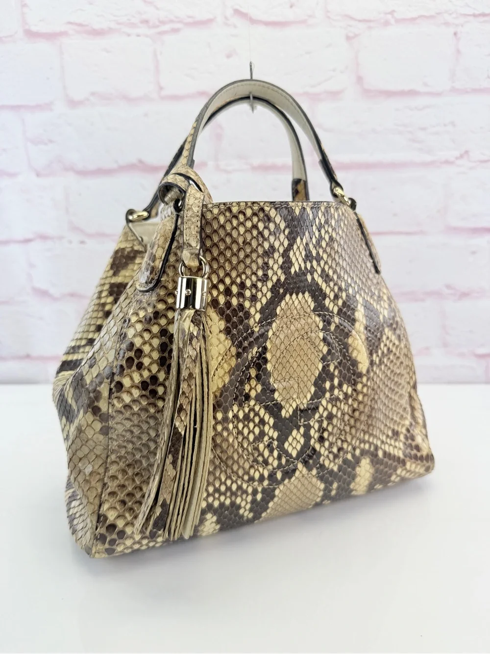 Gucci Rare SoHo Python-Print Top Handle Tote in Beige and Brown